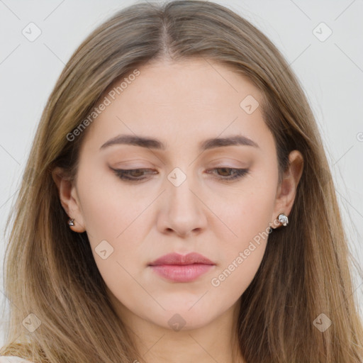 Neutral white young-adult female with long  brown hair and brown eyes