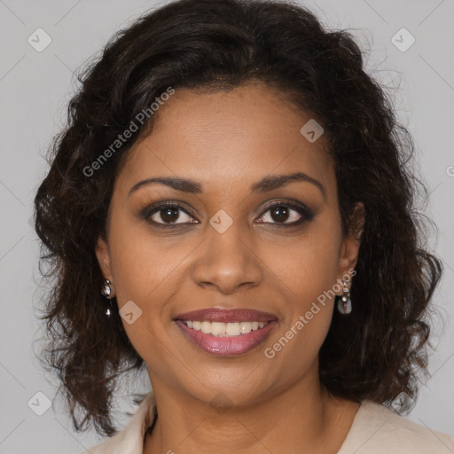 Joyful black young-adult female with medium  brown hair and brown eyes