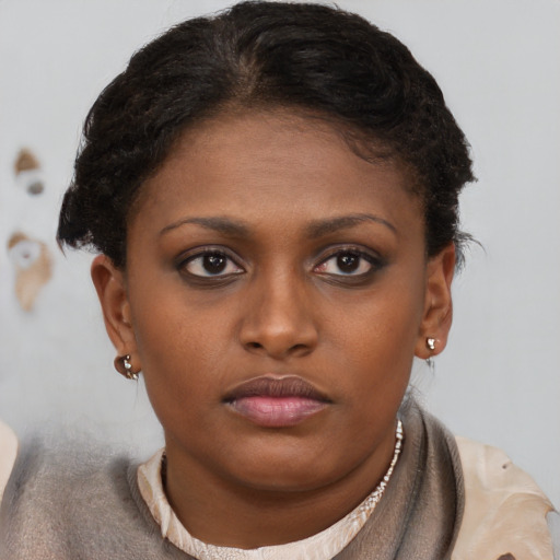 Neutral black young-adult female with short  brown hair and brown eyes