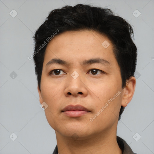 Neutral asian adult male with short  black hair and brown eyes