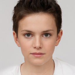 Neutral white young-adult female with short  brown hair and brown eyes