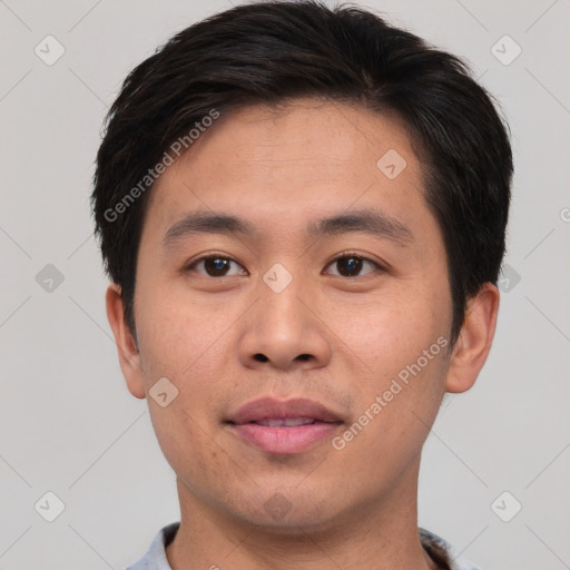 Neutral asian young-adult male with short  brown hair and brown eyes