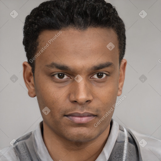 Neutral latino young-adult male with short  black hair and brown eyes