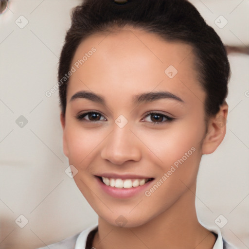 Joyful white young-adult female with short  black hair and brown eyes