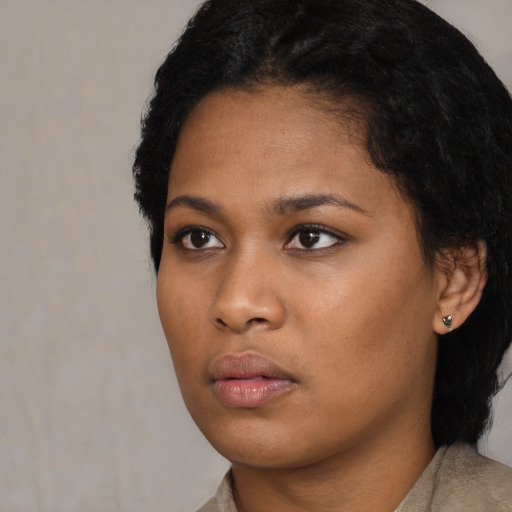 Neutral asian young-adult female with short  black hair and brown eyes