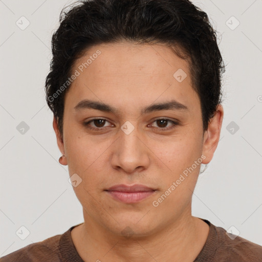 Neutral white young-adult female with short  brown hair and brown eyes