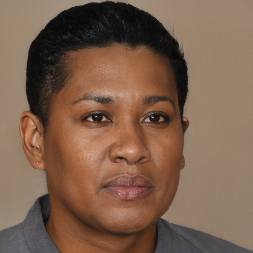 Neutral black young-adult female with short  brown hair and brown eyes