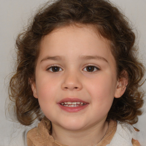 Joyful white child female with medium  brown hair and blue eyes