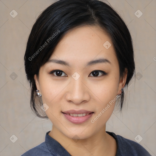 Joyful asian young-adult female with medium  black hair and brown eyes