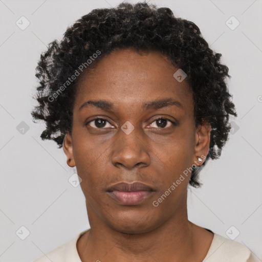 Neutral black young-adult female with short  black hair and brown eyes