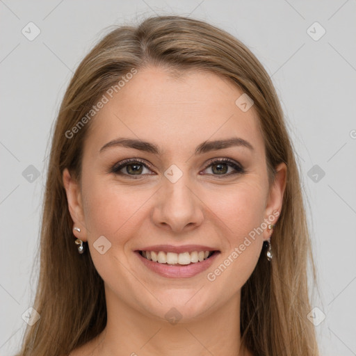 Joyful white young-adult female with long  brown hair and grey eyes