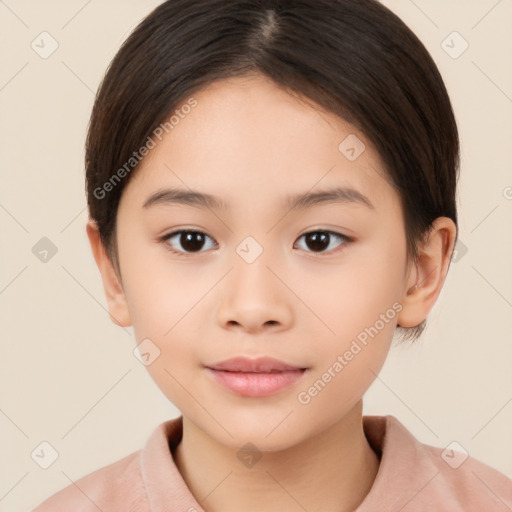 Joyful white child female with short  brown hair and brown eyes