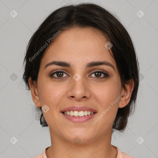 Joyful white young-adult female with medium  brown hair and brown eyes