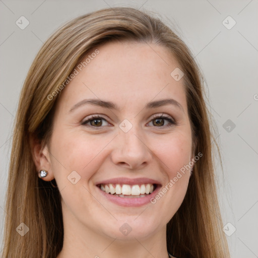 Joyful white young-adult female with long  brown hair and grey eyes