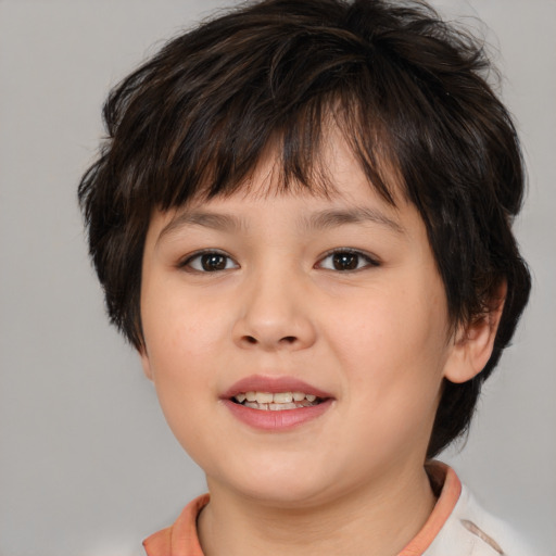 Joyful white child female with medium  brown hair and brown eyes