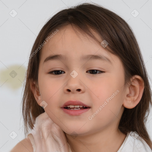 Joyful white child female with medium  brown hair and brown eyes
