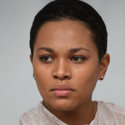 Neutral black young-adult female with short  brown hair and brown eyes
