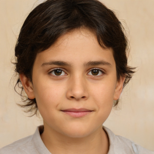 Joyful white child female with medium  brown hair and brown eyes