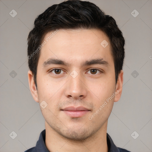 Neutral white young-adult male with short  black hair and brown eyes