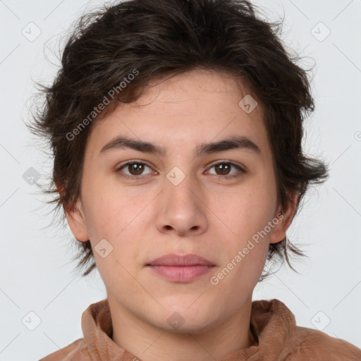 Neutral white young-adult female with medium  brown hair and brown eyes