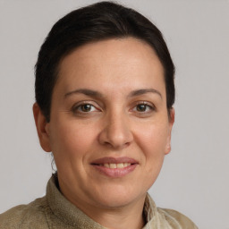 Joyful white adult female with medium  brown hair and grey eyes