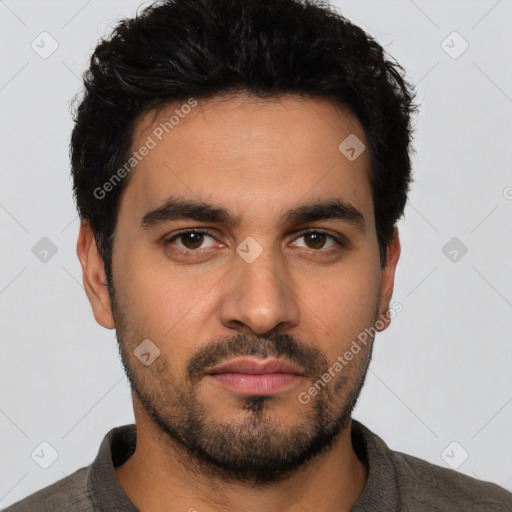Neutral white young-adult male with short  black hair and brown eyes