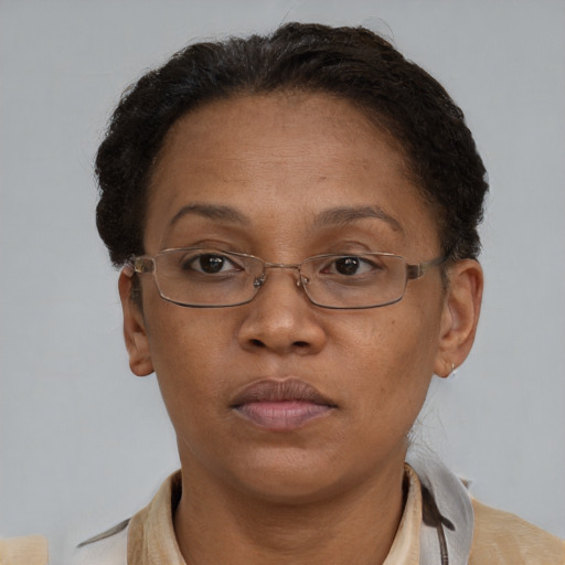 Neutral latino adult female with short  brown hair and brown eyes