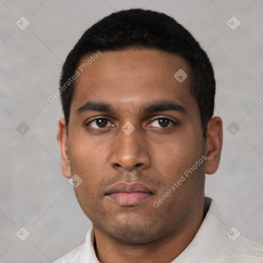 Neutral latino young-adult male with short  black hair and brown eyes