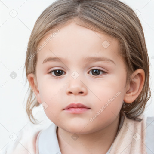 Neutral white child female with medium  brown hair and blue eyes