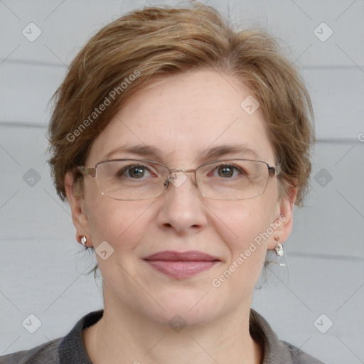 Joyful white adult female with medium  brown hair and blue eyes