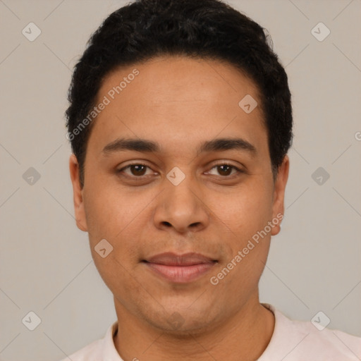 Neutral latino young-adult male with short  black hair and brown eyes