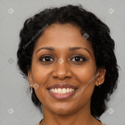 Joyful black young-adult female with medium  black hair and brown eyes