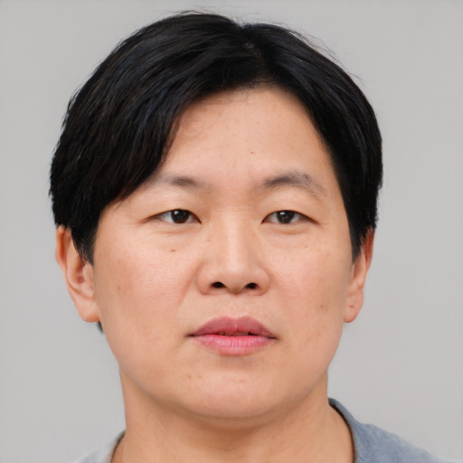 Neutral asian adult male with short  black hair and brown eyes