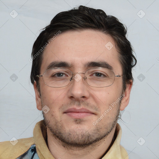 Neutral white adult male with short  black hair and brown eyes