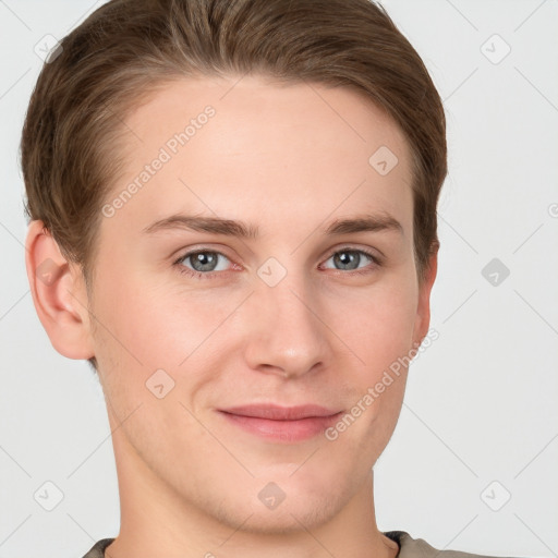 Joyful white young-adult female with short  brown hair and grey eyes