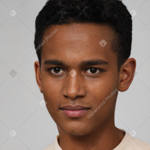 Neutral latino young-adult male with short  black hair and brown eyes