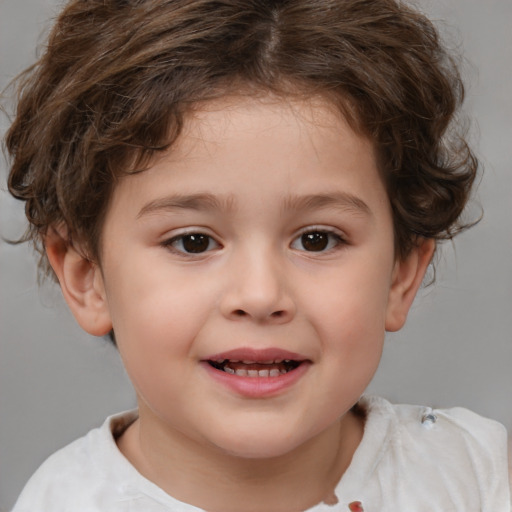 Joyful white child female with short  brown hair and brown eyes