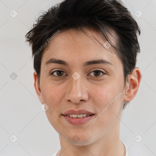 Joyful white young-adult female with short  brown hair and brown eyes