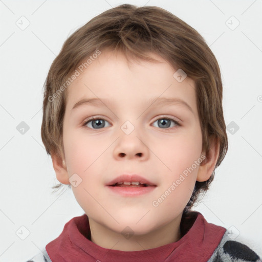 Neutral white child female with medium  brown hair and grey eyes