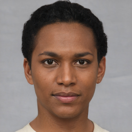 Neutral black young-adult female with short  black hair and brown eyes
