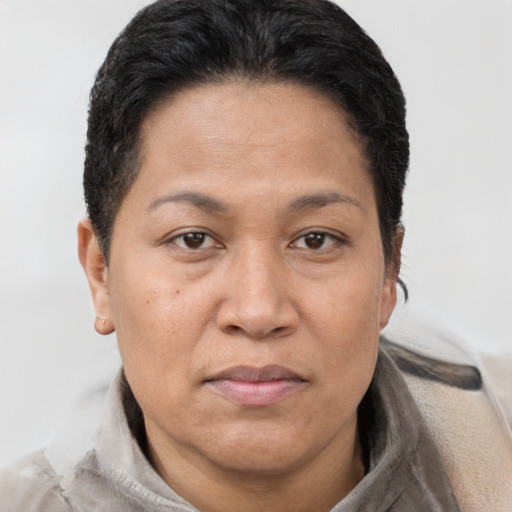 Joyful asian adult female with short  brown hair and brown eyes