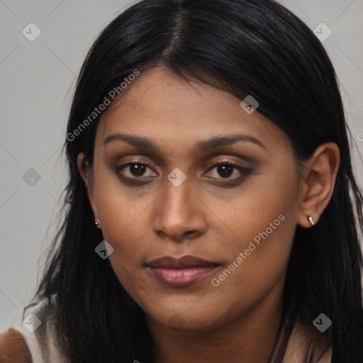 Joyful asian young-adult female with long  black hair and brown eyes