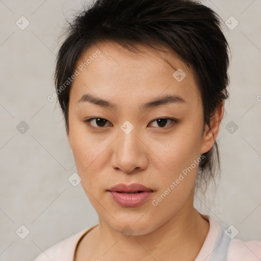 Neutral asian young-adult female with medium  brown hair and brown eyes