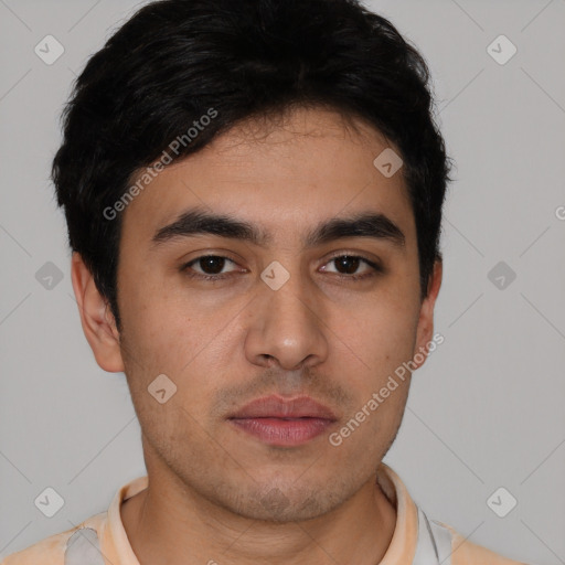 Neutral latino young-adult male with short  brown hair and brown eyes