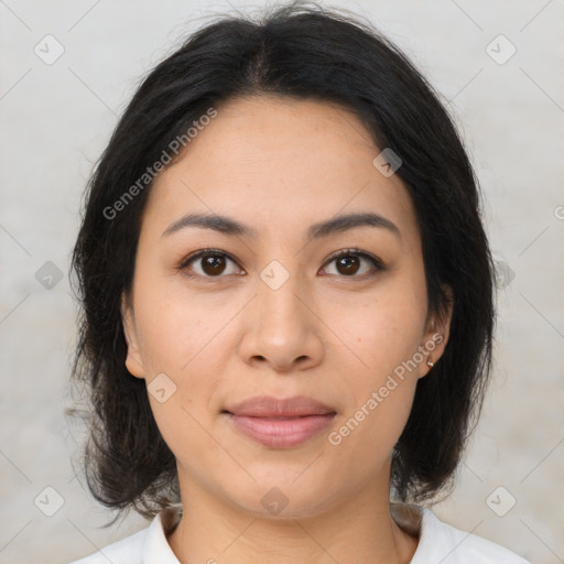 Joyful white young-adult female with medium  brown hair and brown eyes