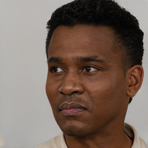 Neutral black young-adult male with short  black hair and brown eyes