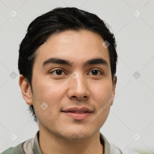 Joyful white young-adult male with short  black hair and brown eyes