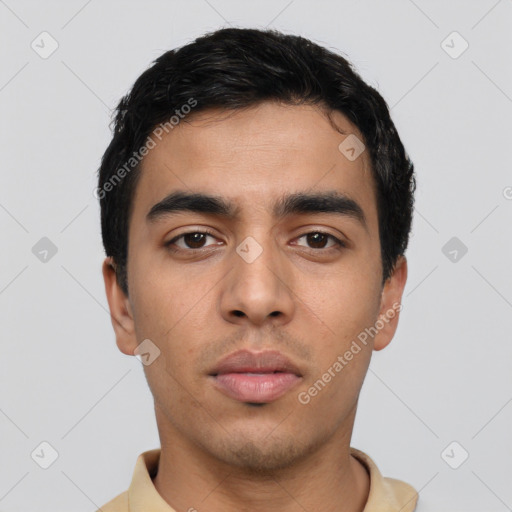Neutral latino young-adult male with short  black hair and brown eyes