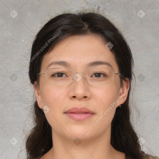 Neutral asian young-adult female with medium  brown hair and brown eyes