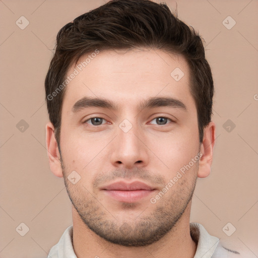 Neutral white young-adult male with short  brown hair and brown eyes